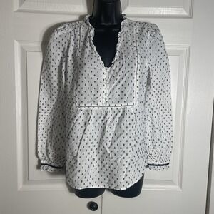 LOFT Clip Ruffle Bib Shirt Women S White Blue Swiss Dot Long Sleeve Popover Top